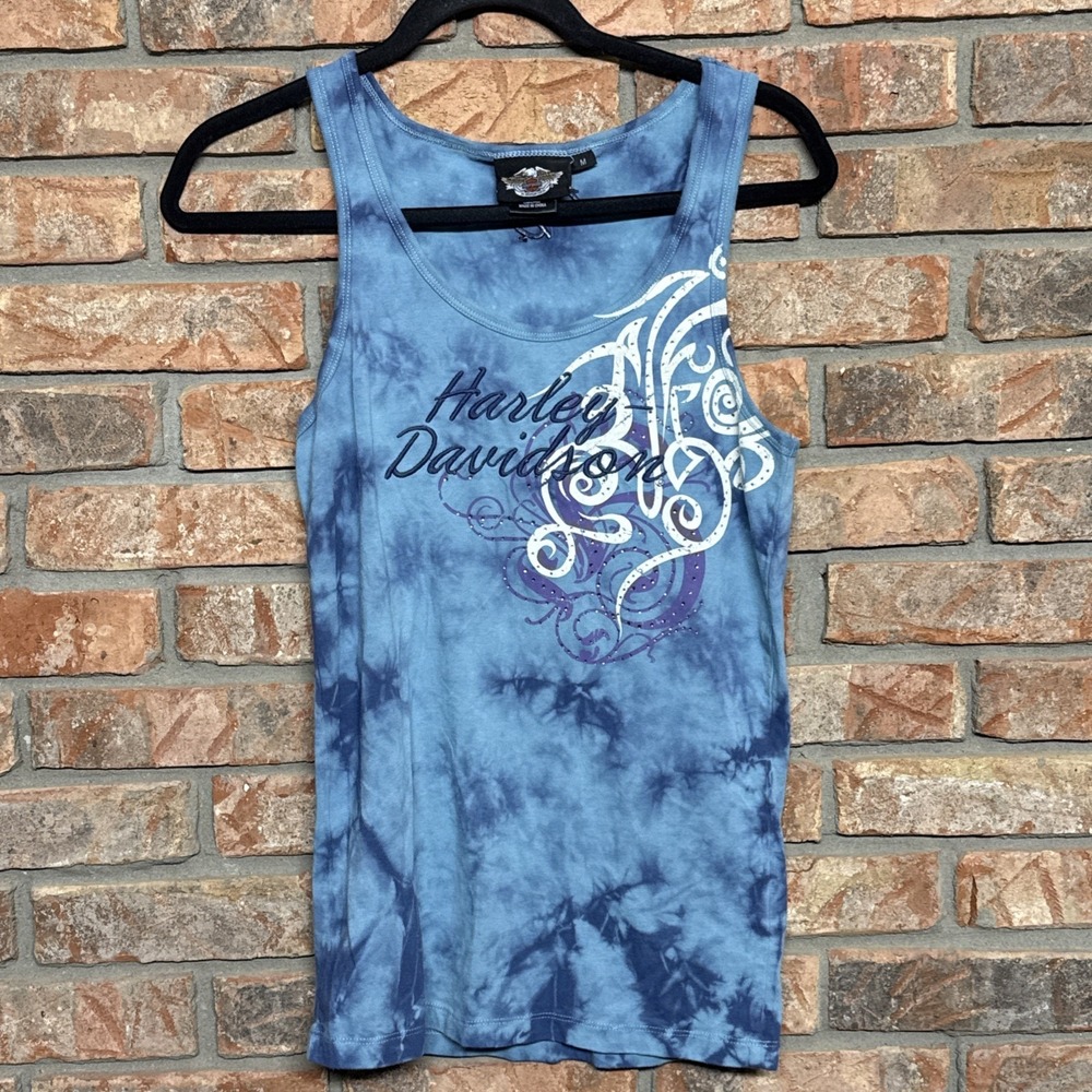 Harley Davidson Motorcycles‎ Womens M AOP Tank Top Shirt Jeweled Y2K Tie Dye